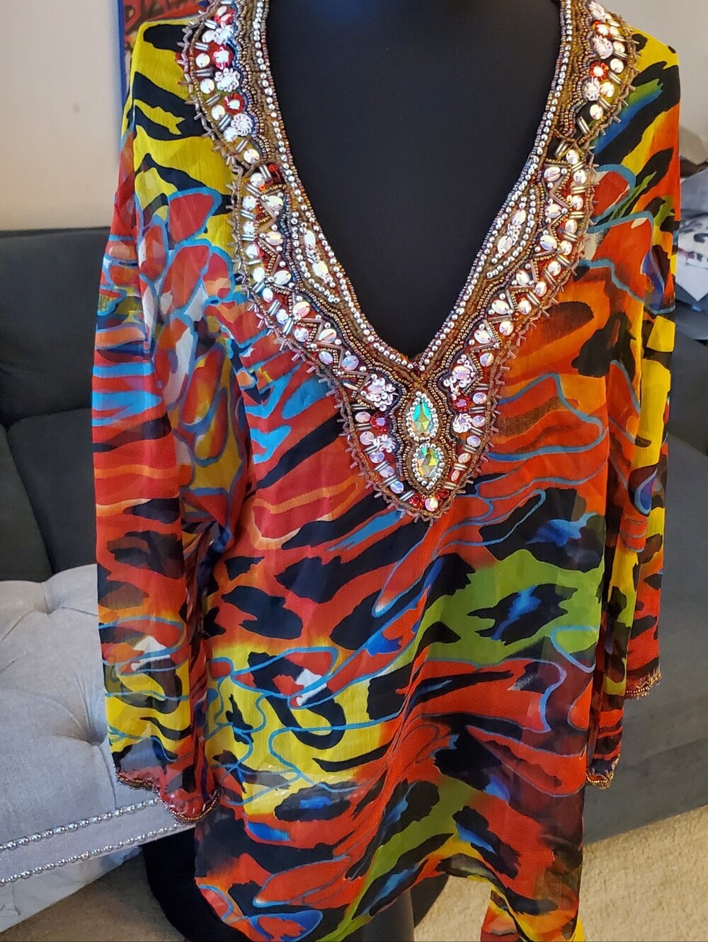 Embellished Multicolor V-Neck Women's Tunic Top/ Cover Up Size 2X